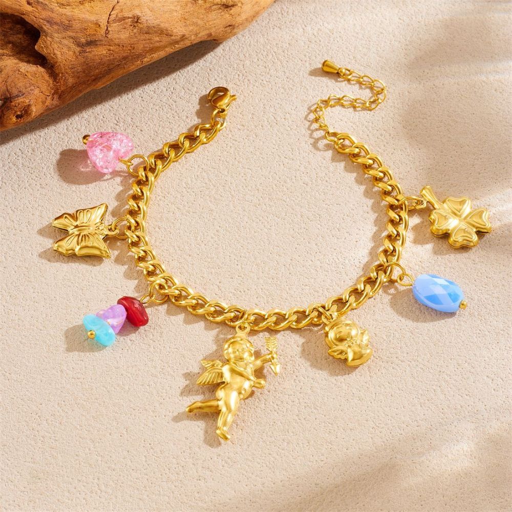 New cross-border fashion cute cartoon gold-plated 3D butterfly angel flower pendant stainless steel jewelry set