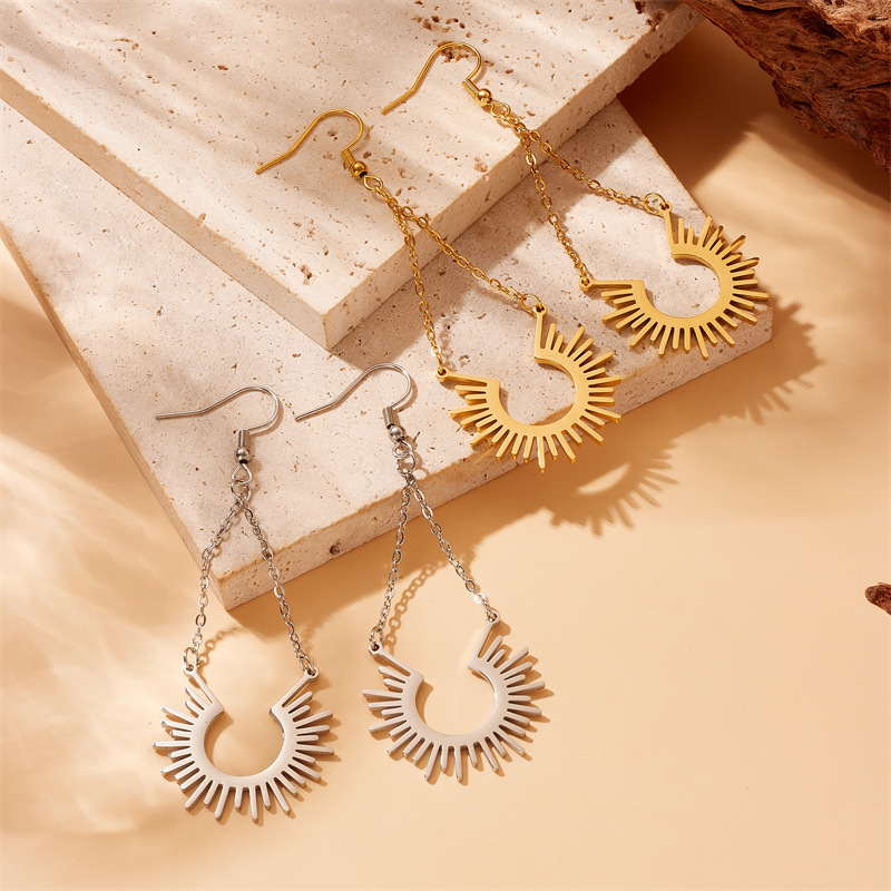 Fashionable new cross-border geometric chain tassel sun pendant accessories jewelry stainless steel earrings