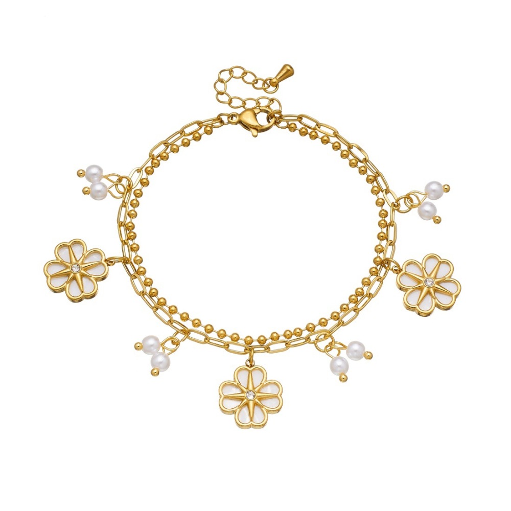 Niche fashion, understated luxury, versatile floral pearl bracelet, gold-plated stainless steel double-layer chain, high-end feel.