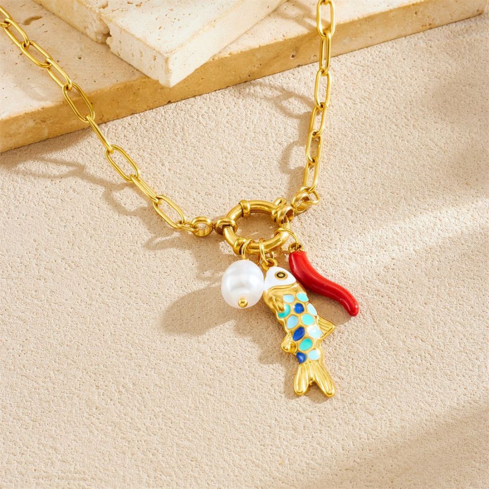 Niche Fashion Ocean Cartoon Colorful Oil-Drip Fish Pendant, Faux Pearl Chili Pepper Pendant, Round Spring Clasp Necklace