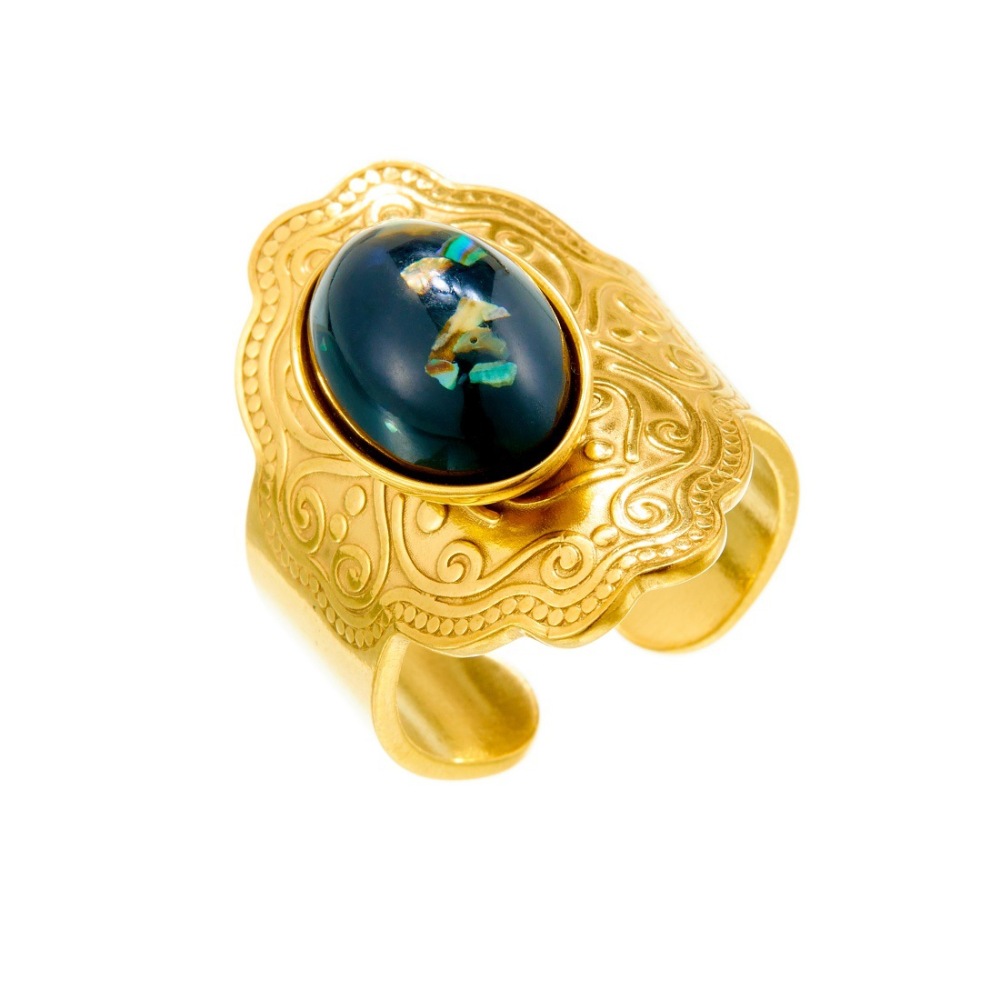 Cross-border fashion court style oval gold-plated carved stainless steel ring/band inlaid with pearls, lapis lazuli gemstones