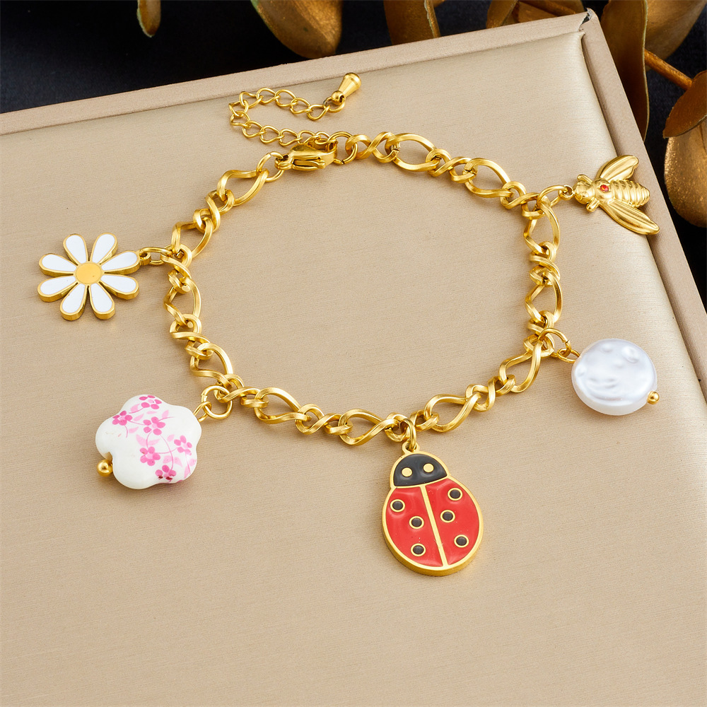 Korean Style Fashionable Creative Cartoon Multi-Element Accessories Insect Dripping Flowers Dragonfly Ladybug Stainless Steel Jewelry Set