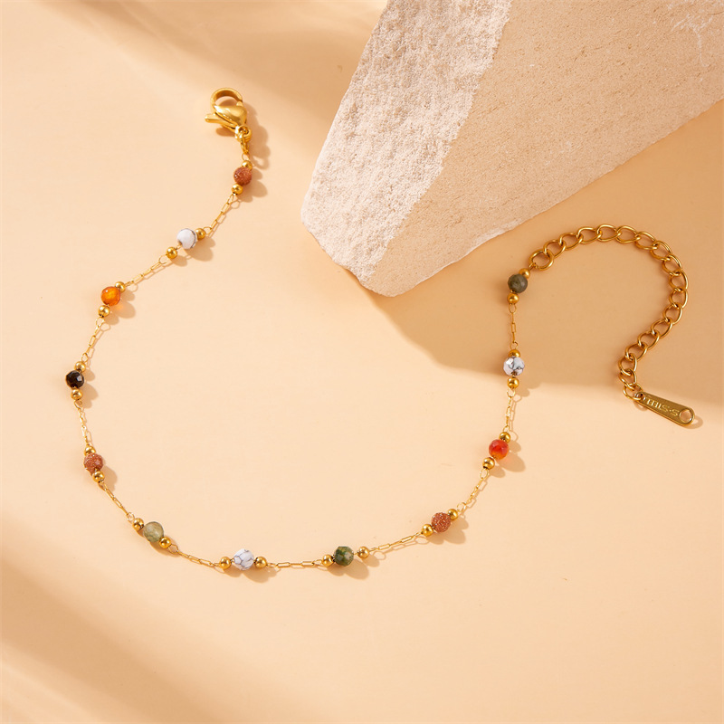 European and American style retro ethnic style colorful stone beaded chain stainless steel bracelet necklace anklet set