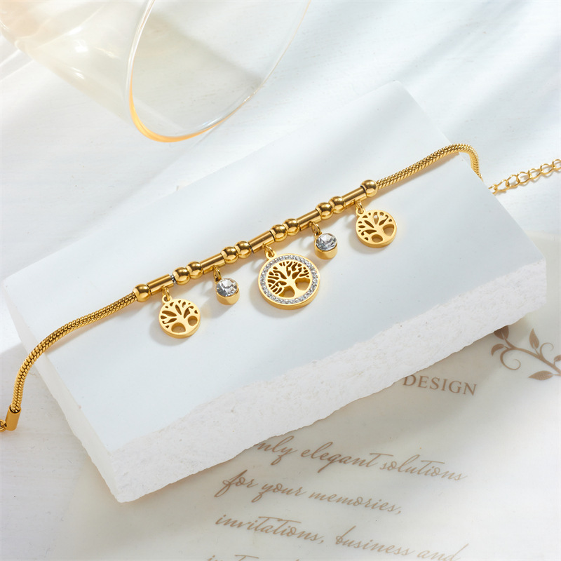 European and American cross-border fashion niche retro design diamond-encrusted round pendant tree of life pendant chain stainless steel bracelet
