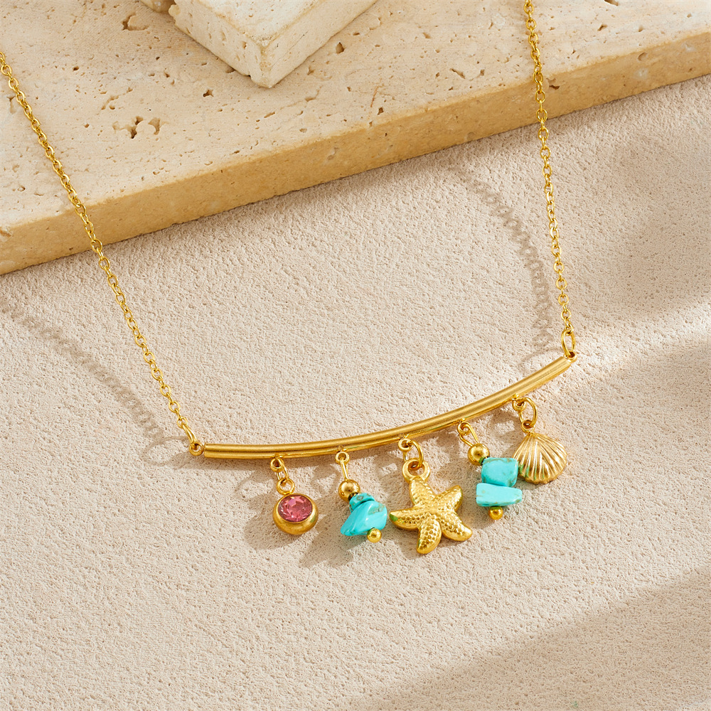Korean-style trendy and unique bohemian blue diamond-encrusted round gold-plated starfish shell necklace