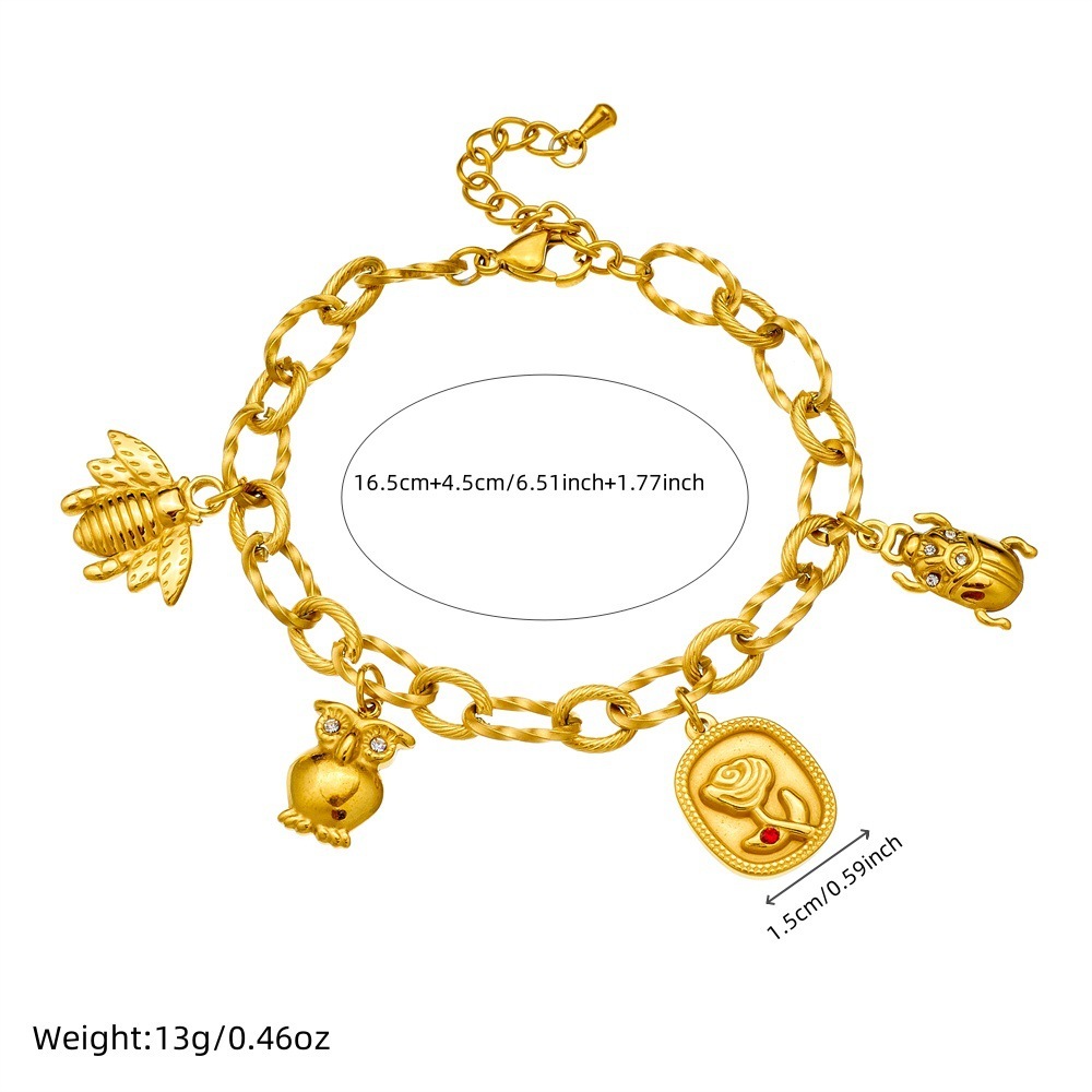 Cross-border fashion 18K gold plated stainless steel O-chain animal owl bee ladybug rose pendant bracelet
