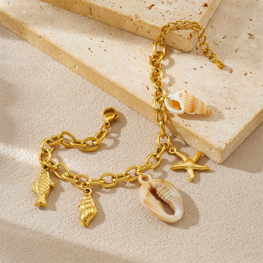 Trendy niche cross-border new ocean series beach style gold-plated conch, carp, starfish and seashell pendant bracelet