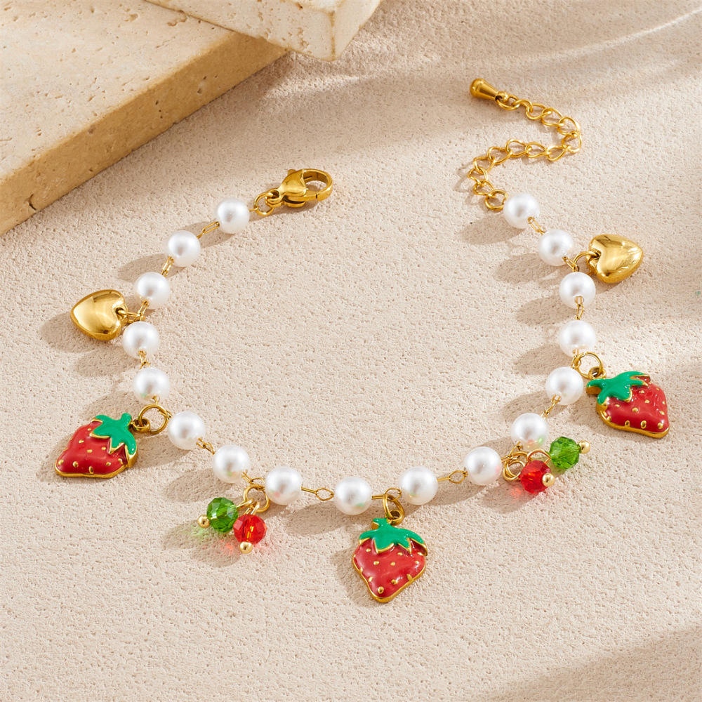 Korean-style fashionable and sweet design fruit series pearl chain gold-plated strawberry cherry watermelon pendant bracelet