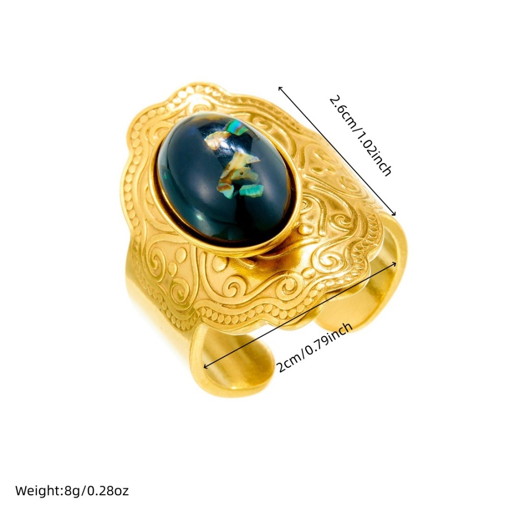 Cross-border fashion court style oval gold-plated carved stainless steel ring/band inlaid with pearls, lapis lazuli gemstones