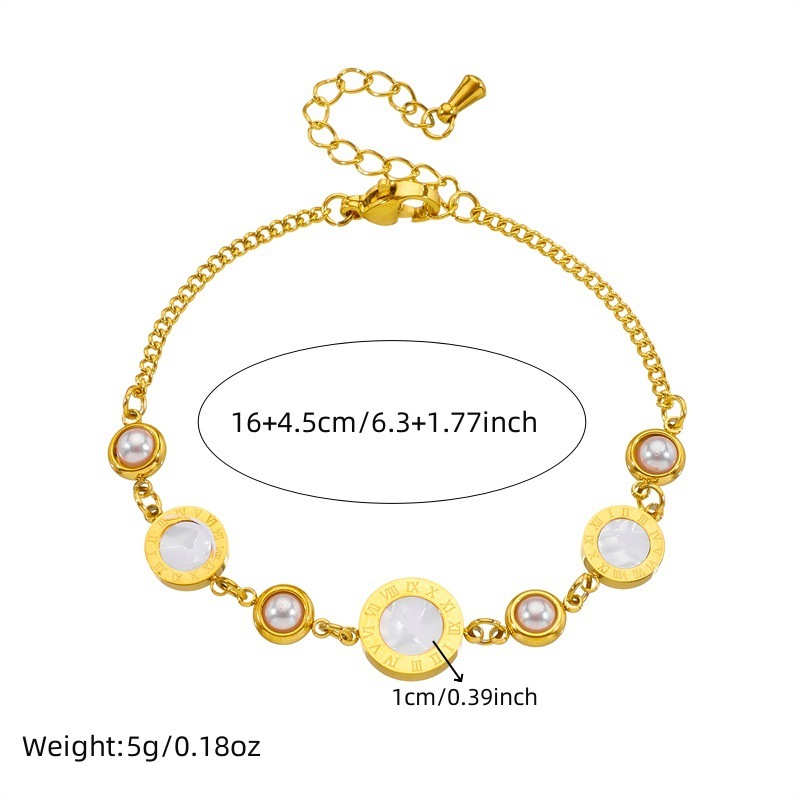 French retro high-end white mother-of-pearl Roman numeral bracelet with spaced pearls, stainless steel chain, fashionable and versatile.