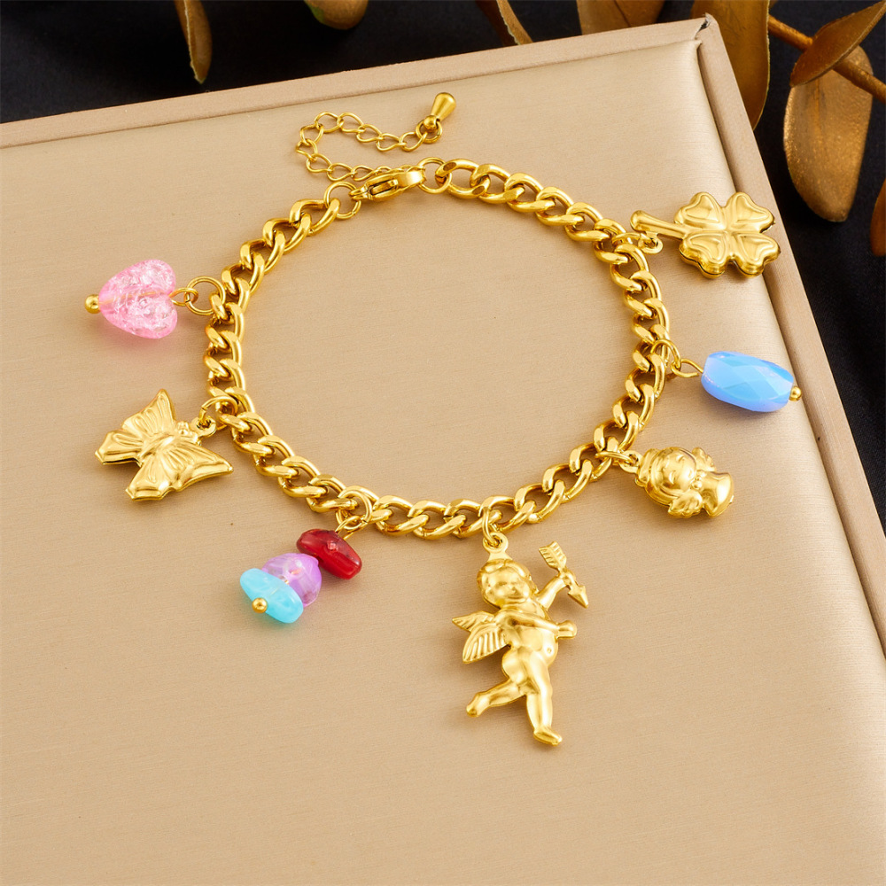 New cross-border fashion cute cartoon gold-plated 3D butterfly angel flower pendant stainless steel jewelry set