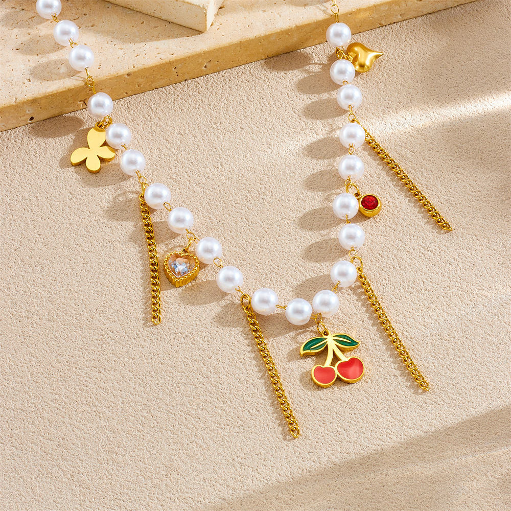 Korean style sweet and elegant pearl chain tassel drip cherry heart butterfly pendant necklace
