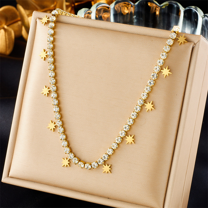 Cross-border fashion commuter diamond-encrusted stainless steel polished eight-pointed star accessory jewelry women's everyday necklace