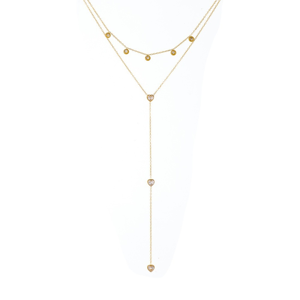 European and American cross-border fashion minimalist double-layered diamond-encrusted heart-shaped tassel delicate chain gold-plated stainless steel necklace