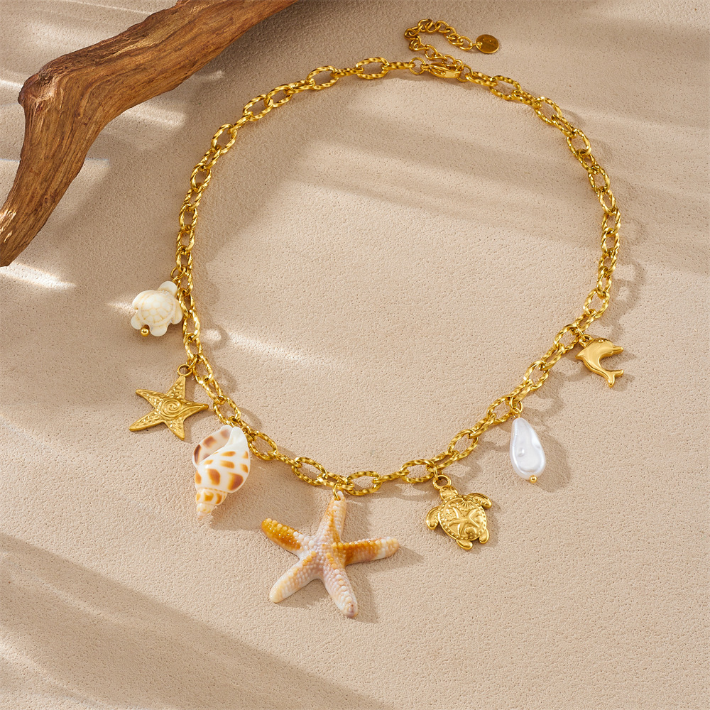 Cross-border Fashion Ocean Series Beach Vacation Starfish, Conch, Turtle Gold-plated Pendant Chain Stainless Steel Necklace