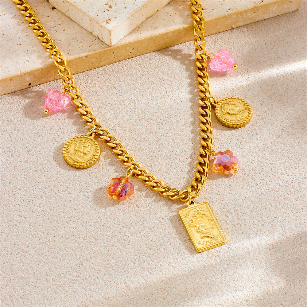 Cross-border versatile retro fashion butterfly portrait pendant necklace and bracelet light luxury high-end stainless steel jewelry set