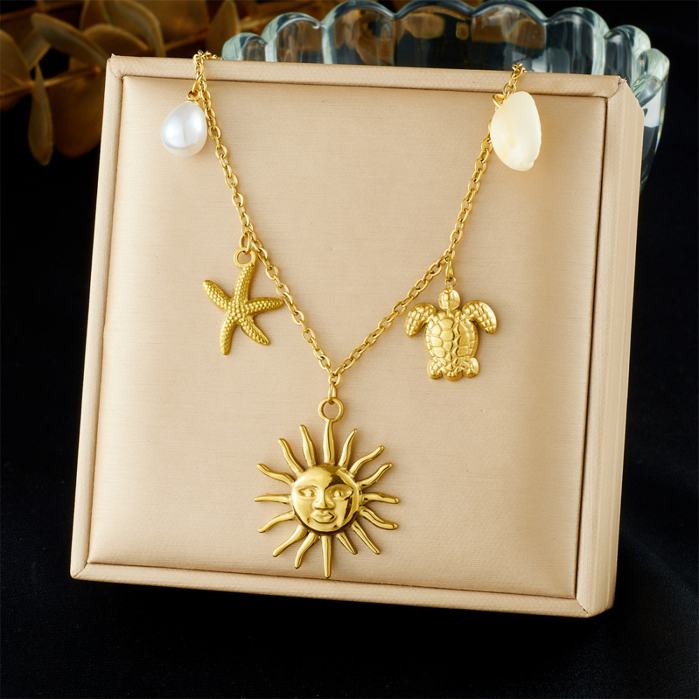 Cross-border fashion shell pearl gold-plated turtle starfish face sun pendant chain stainless steel minimalist style necklace