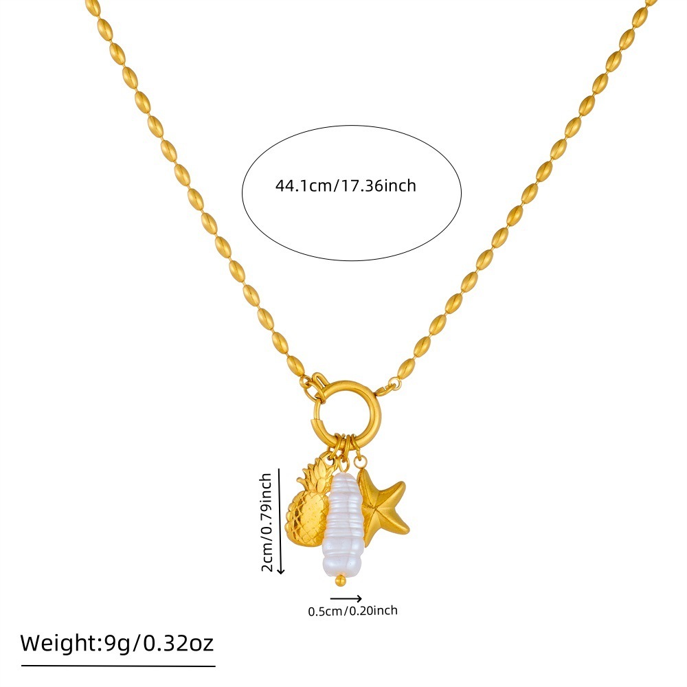 Cross-border fashion creative personalized round buckle gold-plated starfish pineapple fruit pendant stainless steel bead chain necklace