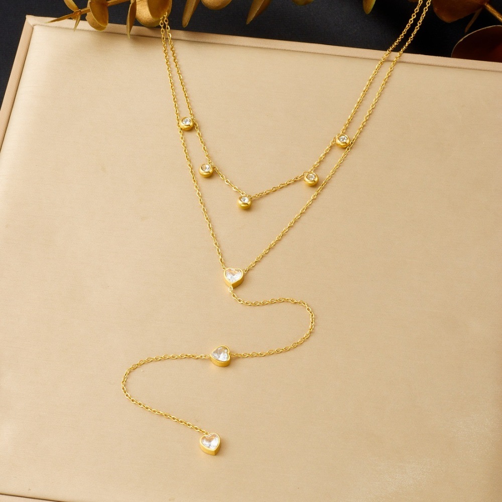 European and American cross-border fashion minimalist double-layered diamond-encrusted heart-shaped tassel delicate chain gold-plated stainless steel necklace