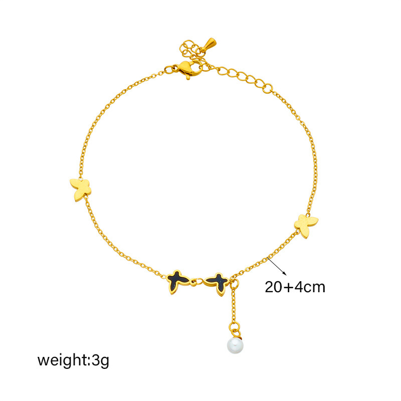 Korean style, fashionable, simple, trendy pearl chain with tassels and butterfly accessories, beach style, metal titanium steel anklet.