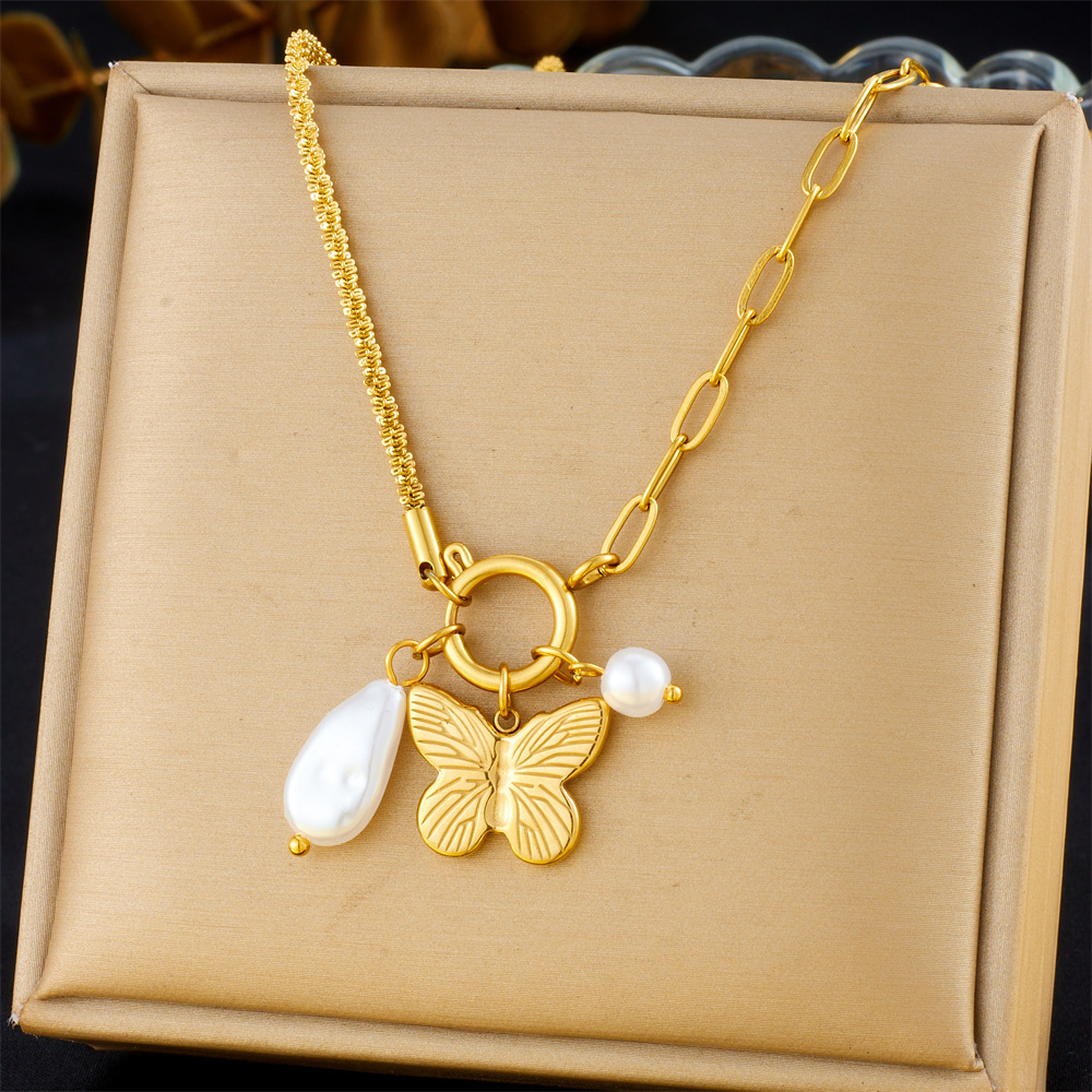 Cross-border fashion minimalist creative pearl teardrop butterfly pendant stainless steel asymmetrical chain women's necklace