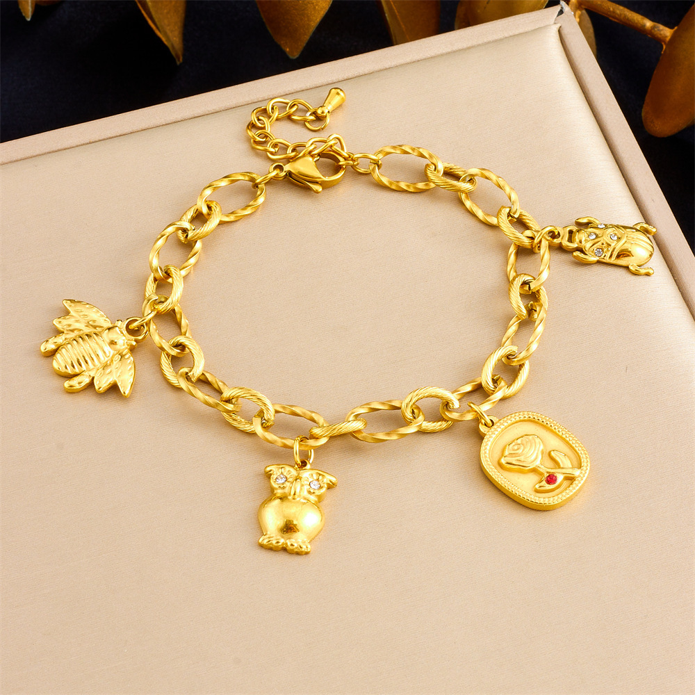 Cross-border fashion 18K gold plated stainless steel O-chain animal owl bee ladybug rose pendant bracelet