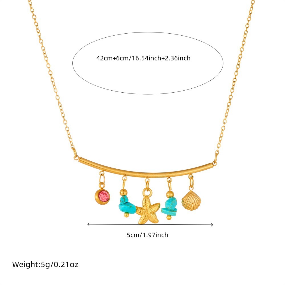 Korean-style trendy and unique bohemian blue diamond-encrusted round gold-plated starfish shell necklace