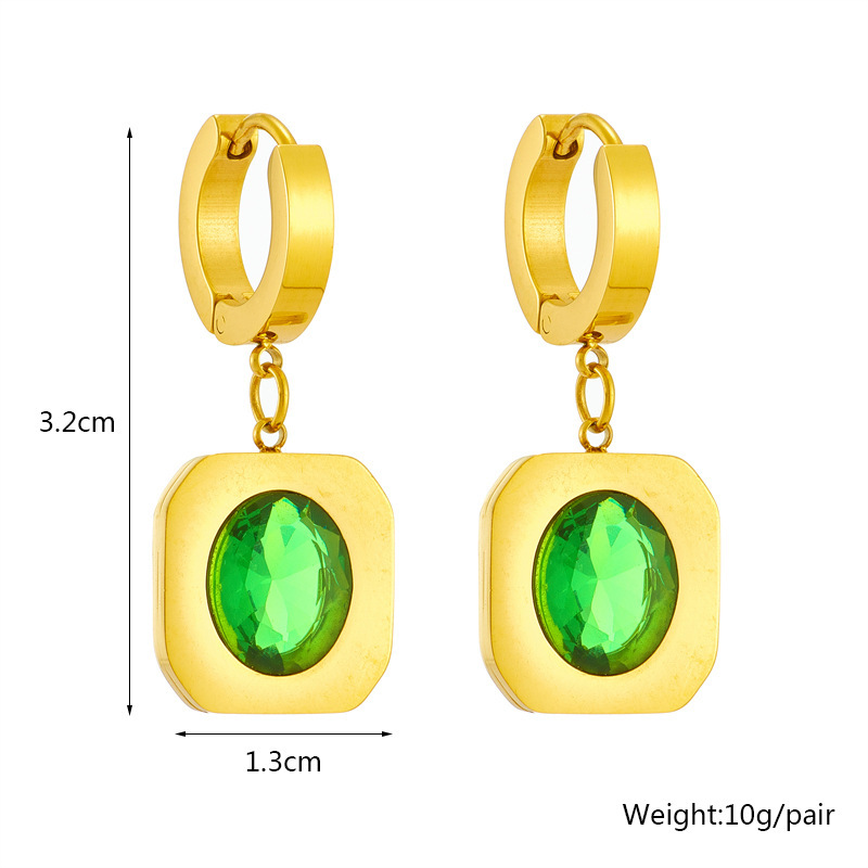 European and American cross-border fashion retro green faceted crystal titanium steel square pendant jewelry simple and versatile earrings