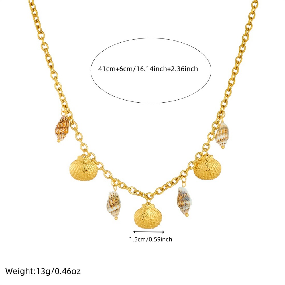 Cross-border fashion, unique retro bohemian style, seashell and scallop gold-plated pendant chain stainless steel jewelry necklace