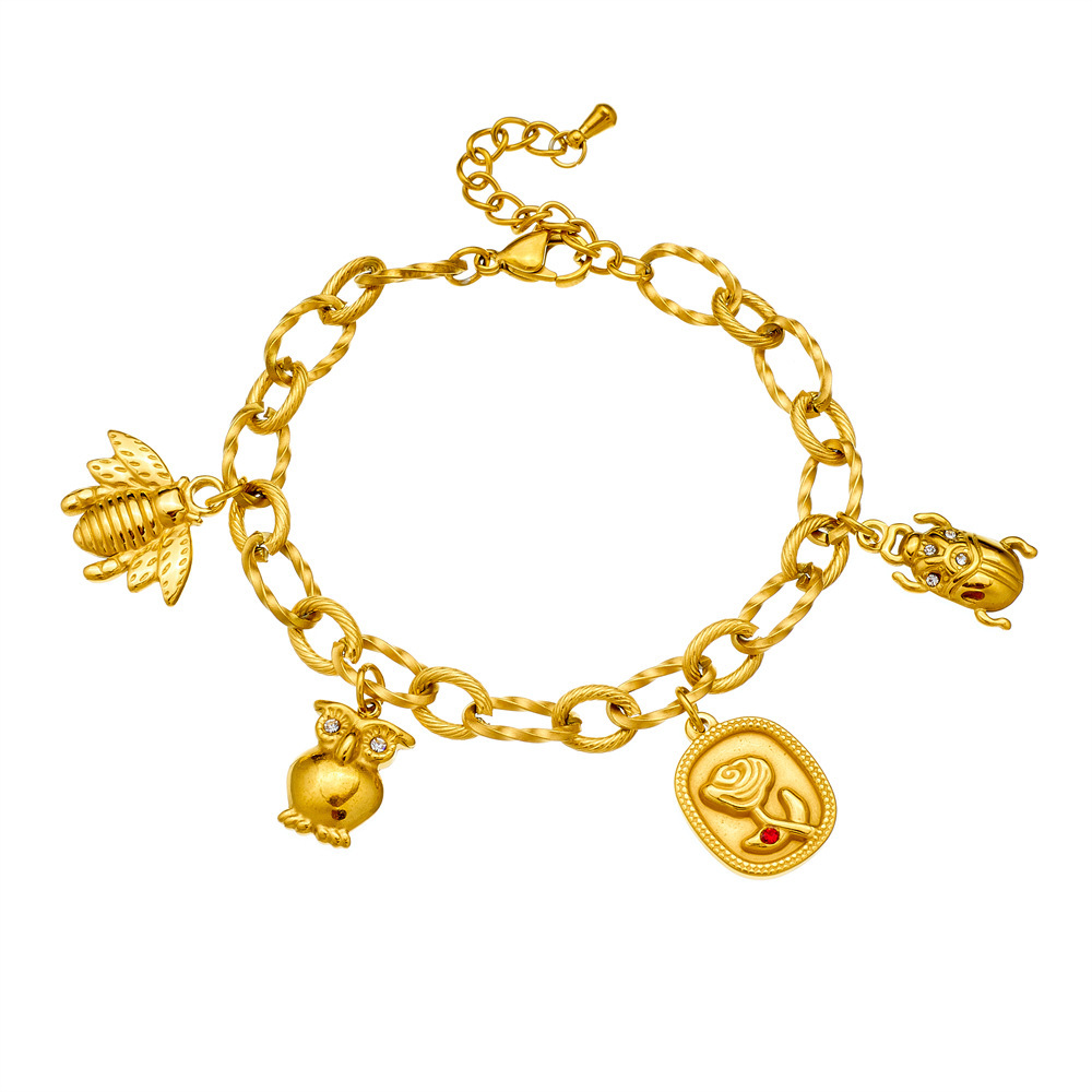 Cross-border fashion 18K gold plated stainless steel O-chain animal owl bee ladybug rose pendant bracelet