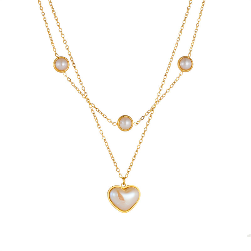 European and American style retro light yellow pearl heart pendant double-layer stainless steel gold-plated jewelry necklace