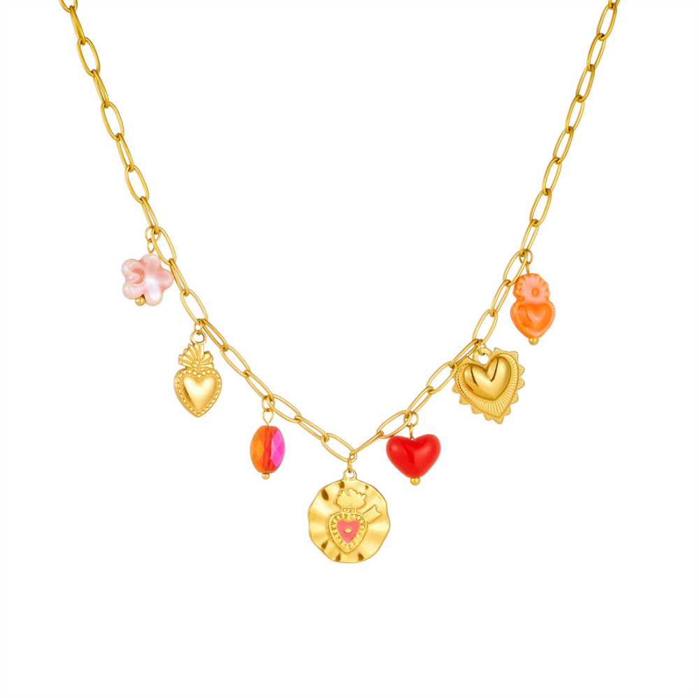 Korean-style fashionable Instagram-inspired multi-element gold-plated round pendant with irregular dripping heart and flower design, stainless steel set.