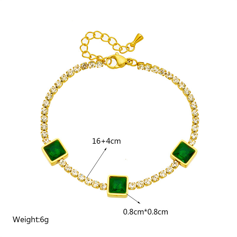 European and American cross-border fashion niche diamond-encrusted chain square emerald pendant titanium steel jewelry bracelet