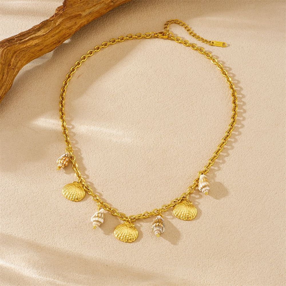 Cross-border fashion, unique retro bohemian style, seashell and scallop gold-plated pendant chain stainless steel jewelry necklace