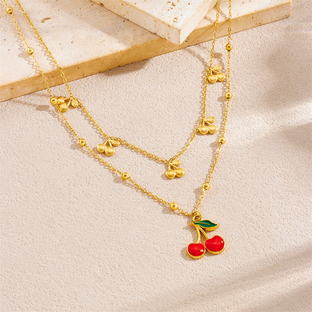 Cross-border fashion layered double chain red drip cherry fruit pendant stainless steel clavicle necklace