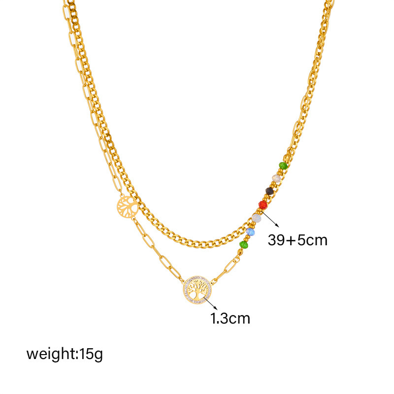 European and American fashion niche design irregular retro colorful beaded tree of life pendant accessories titanium steel double layer necklace
