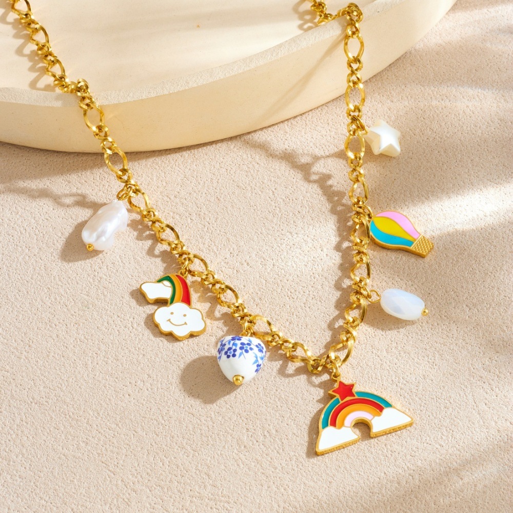 Fashionable Cartoon Sweet and Cute Colorful Oil Drip Hot Air Balloon Rainbow Pendant Heart-Shaped Ceramic Accessories Jewelry Set