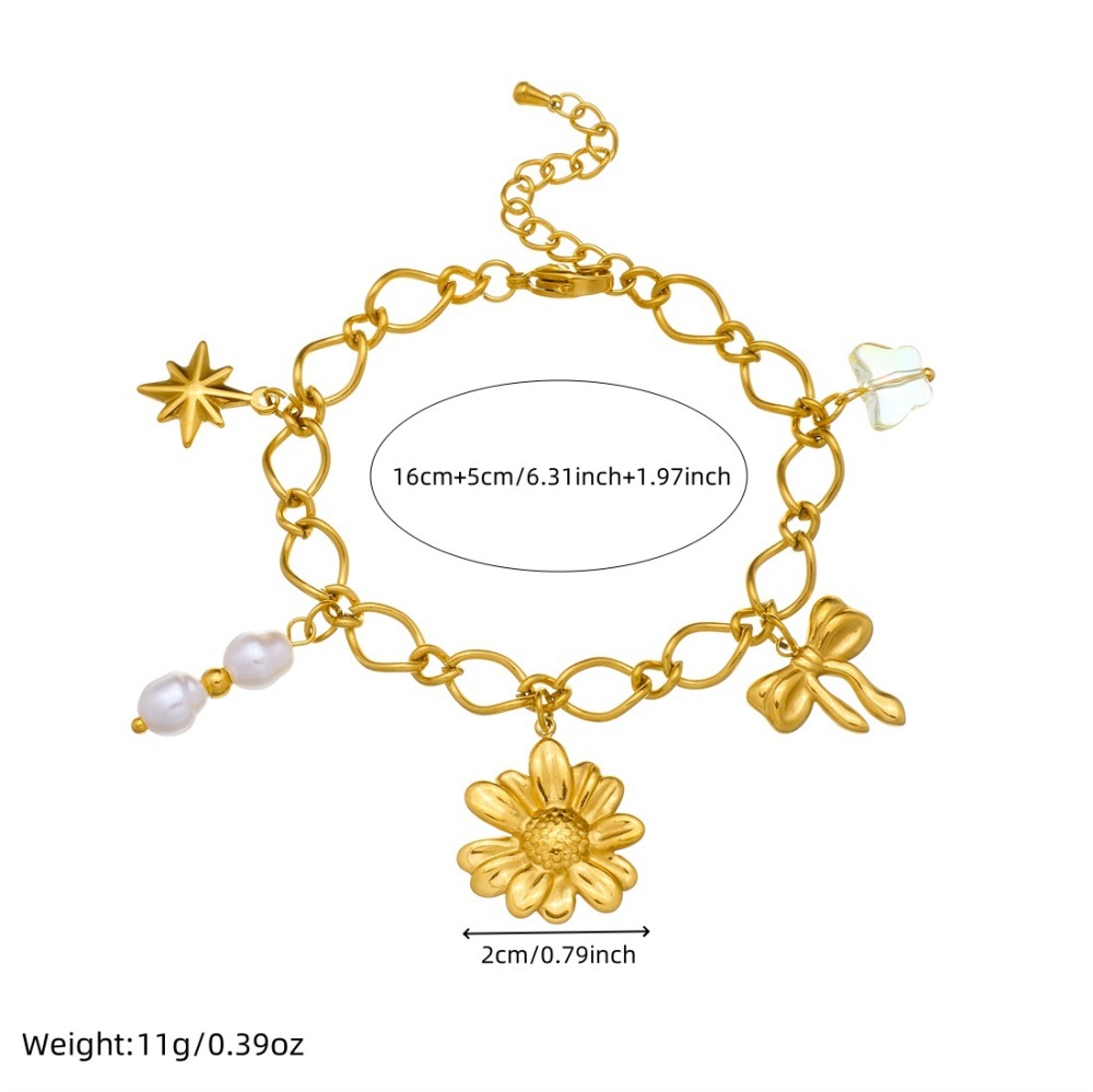 Cross-border fashion retro pearl pendant gold-plated bow flower accessory chain stainless steel bracelet