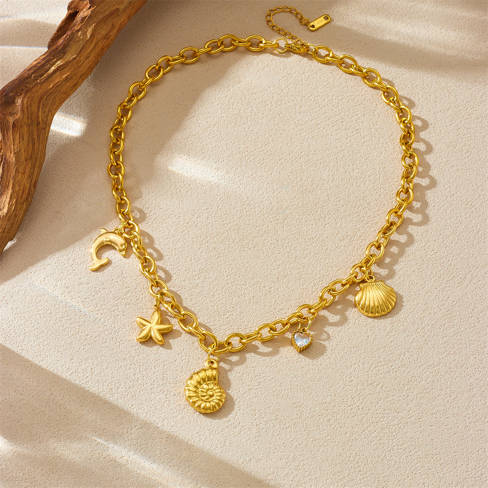 European and American style ocean series chunky chain starfish shell dolphin conch stainless steel necklace
