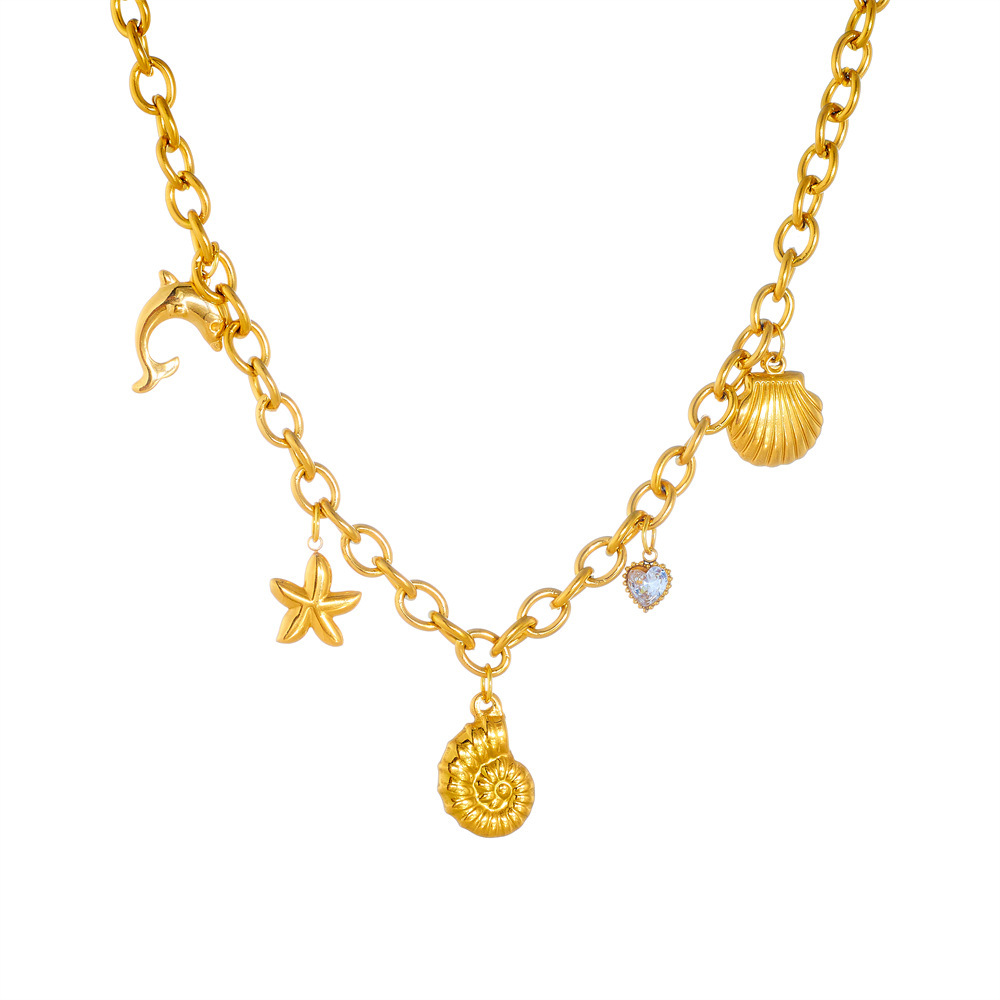 European and American style ocean series chunky chain starfish shell dolphin conch stainless steel necklace