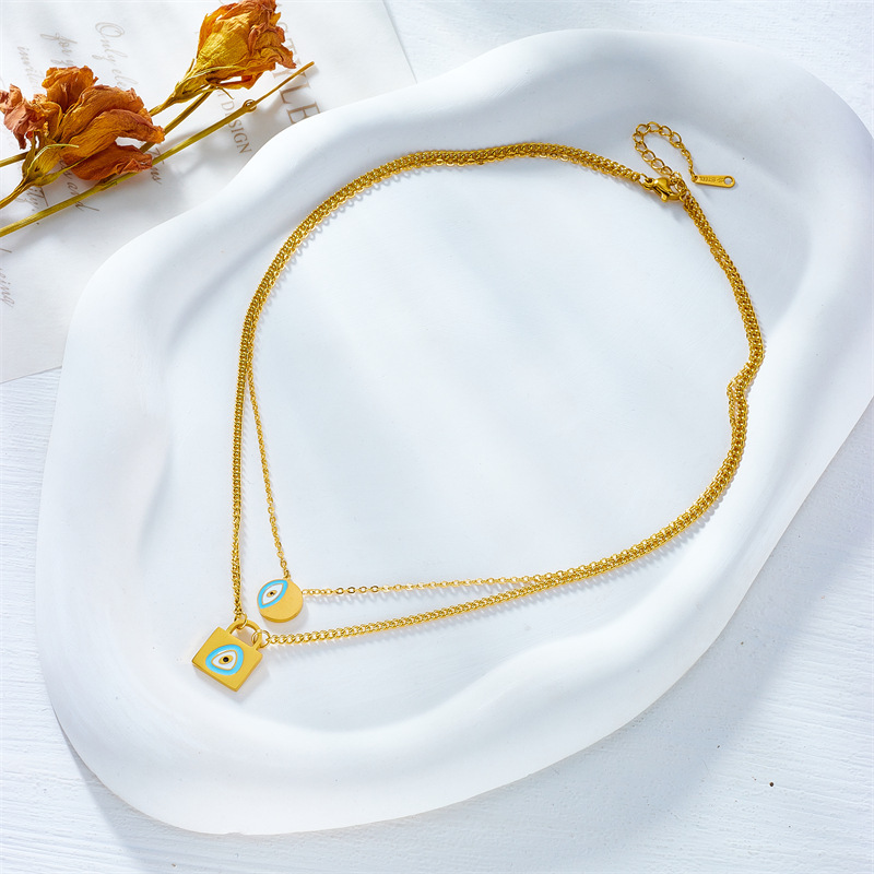 European and American style niche design, simple and unique titanium steel drip padlock head round eye pendant double chain necklace