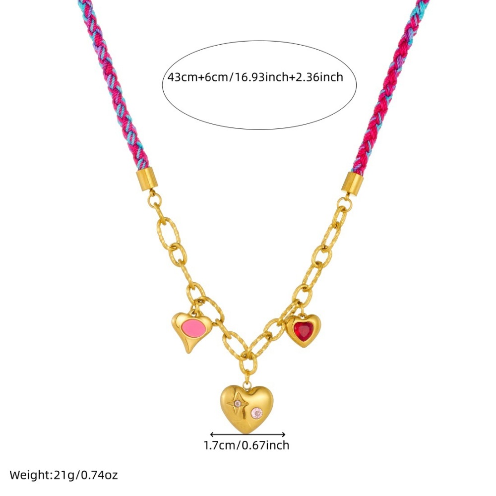 Cross-border fashion trendy sweet and cool pink and blue gradient hand-woven rope gold-plated chain diamond-encrusted heart-shaped necklace