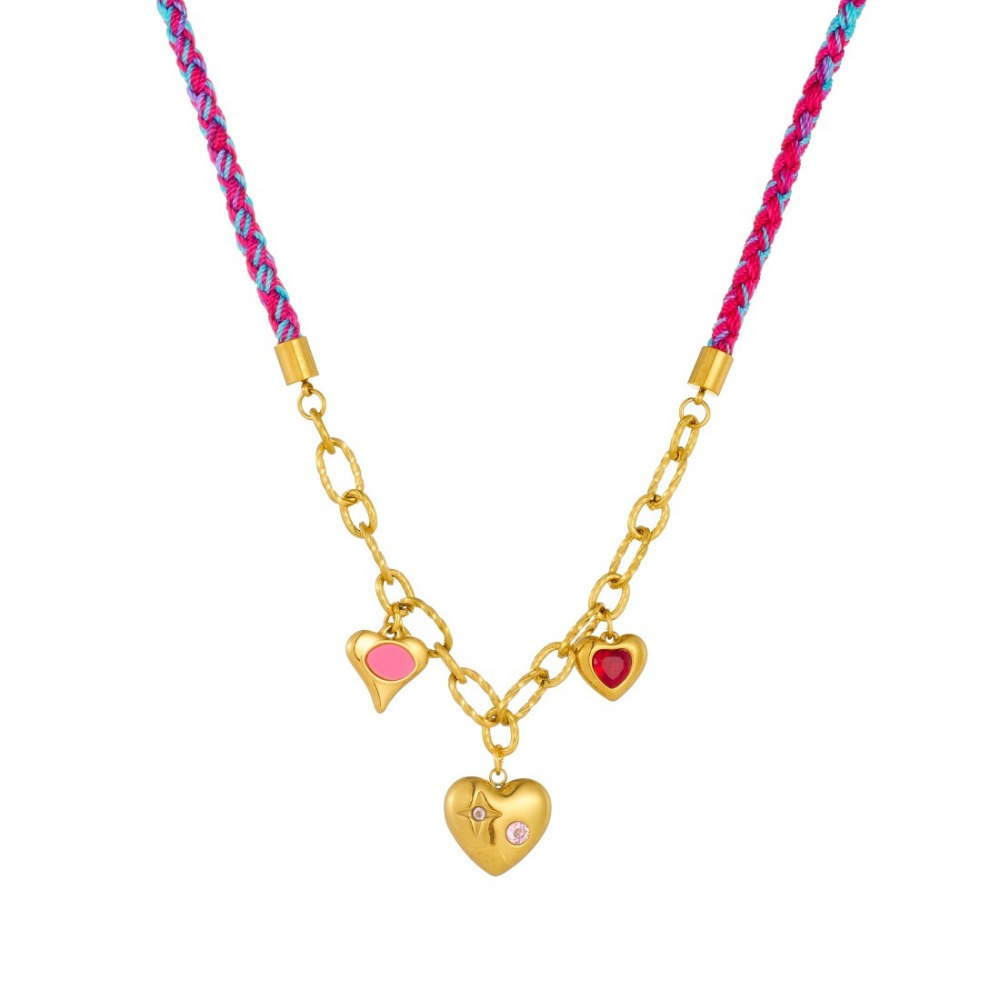 Cross-border fashion trendy sweet and cool pink and blue gradient hand-woven rope gold-plated chain diamond-encrusted heart-shaped necklace