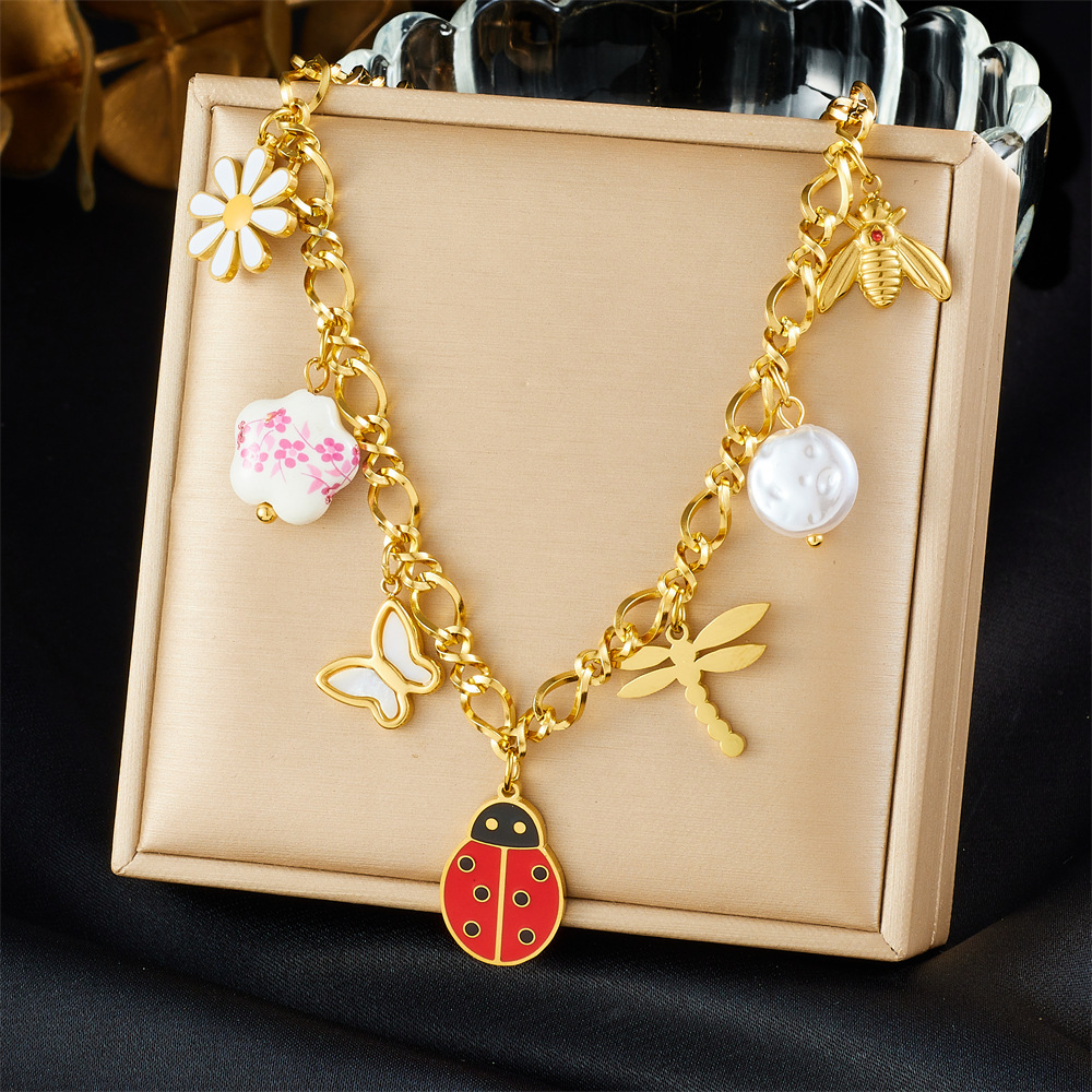 Korean Style Fashionable Creative Cartoon Multi-Element Accessories Insect Dripping Flowers Dragonfly Ladybug Stainless Steel Jewelry Set