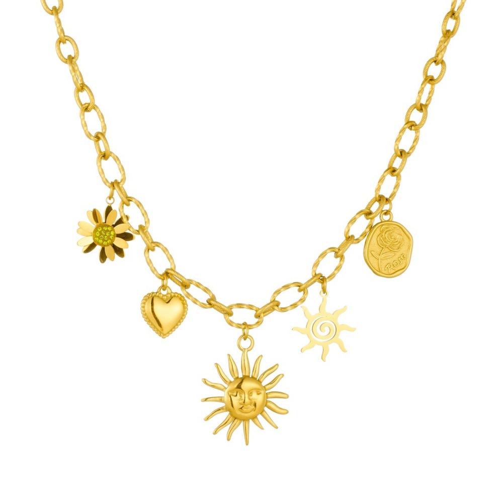 Cross-border fashion heavy-duty retro diamond-encrusted sunflower heart round pendant stainless steel face sun accessory necklace
