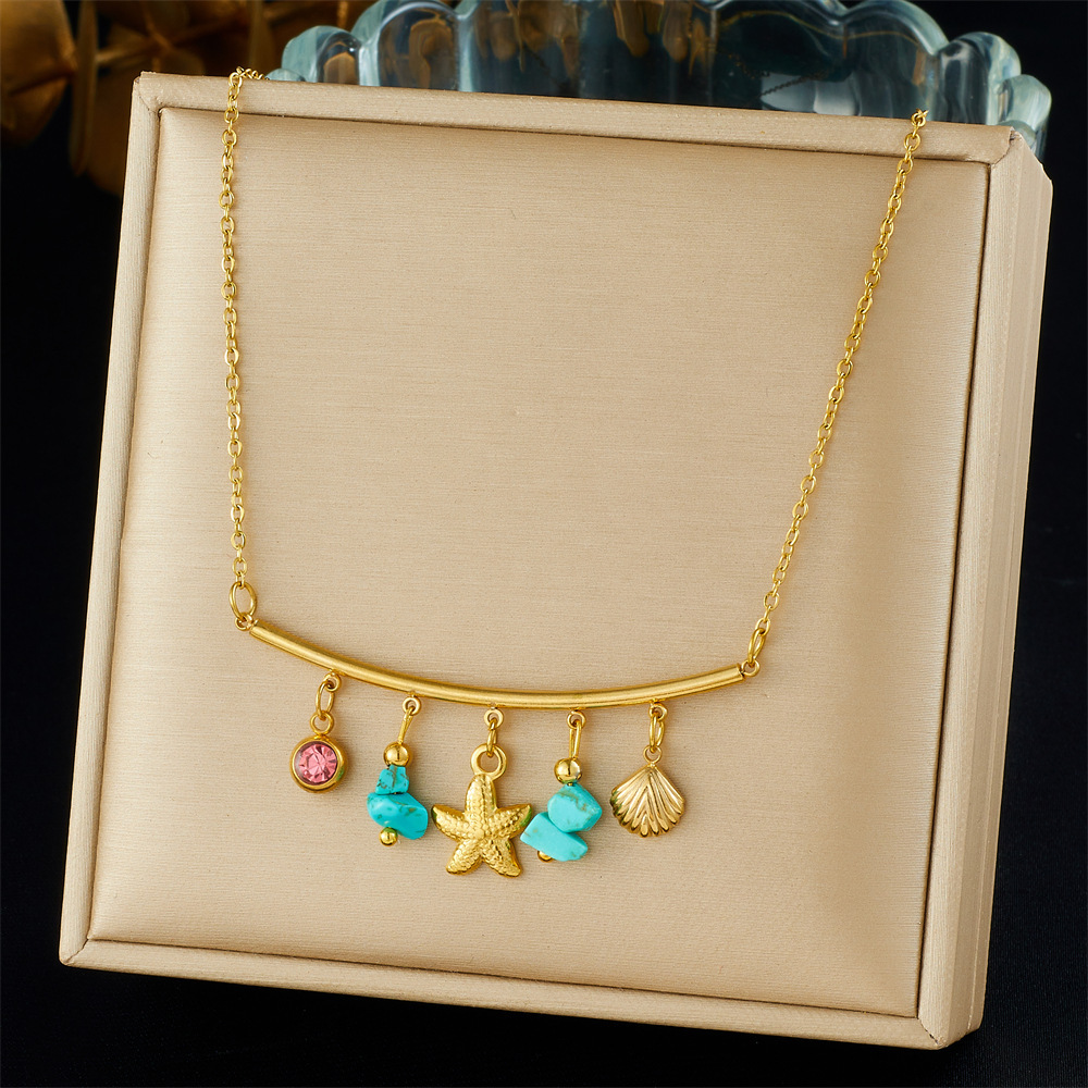 Korean-style trendy and unique bohemian blue diamond-encrusted round gold-plated starfish shell necklace