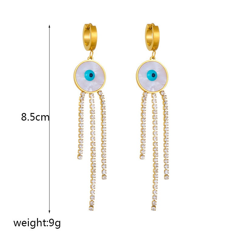 Fashionable, niche, minimalist, elegant, and subtly luxurious round seashell blue eye-shaped diamond chain tassel earrings.