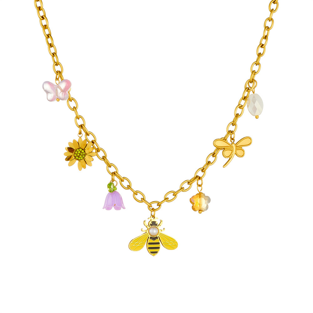 Fashionable new cross-border style pastoral style multi-element dripping cartoon bee sunflower dragonfly pendant stainless steel necklace