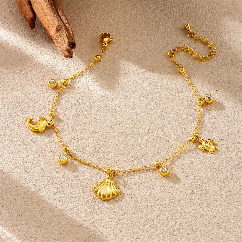 New stylish, simple, and versatile marine life pendant, gold-plated stainless steel turtle, dolphin, scallop chain anklet.