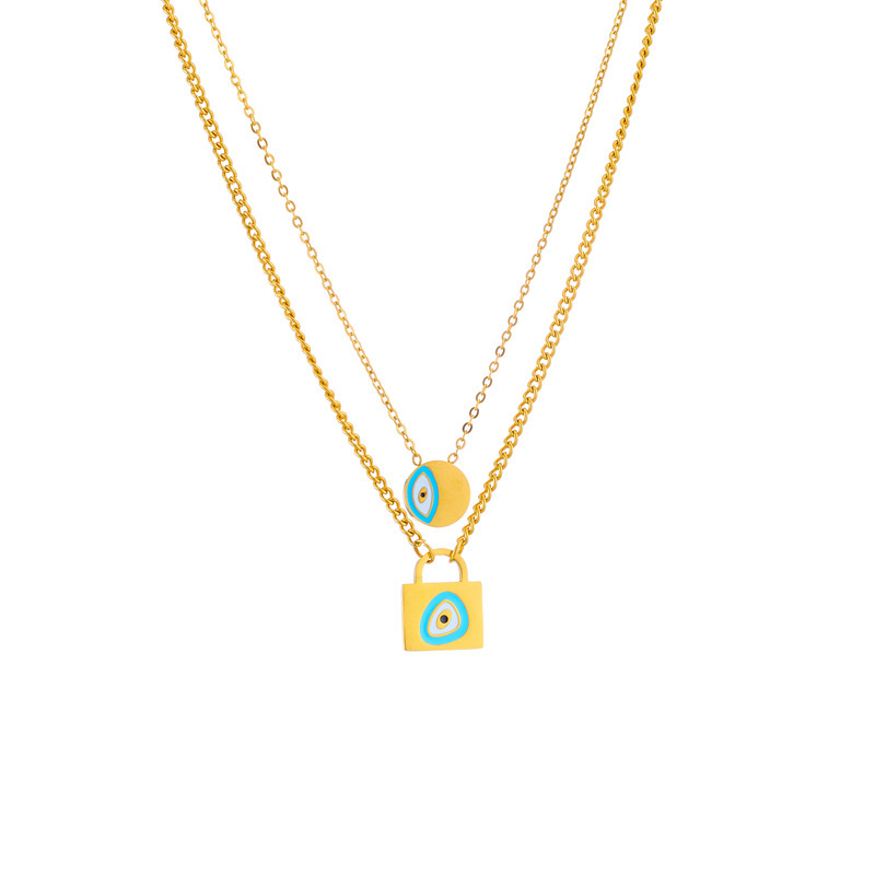 European and American style niche design, simple and unique titanium steel drip padlock head round eye pendant double chain necklace